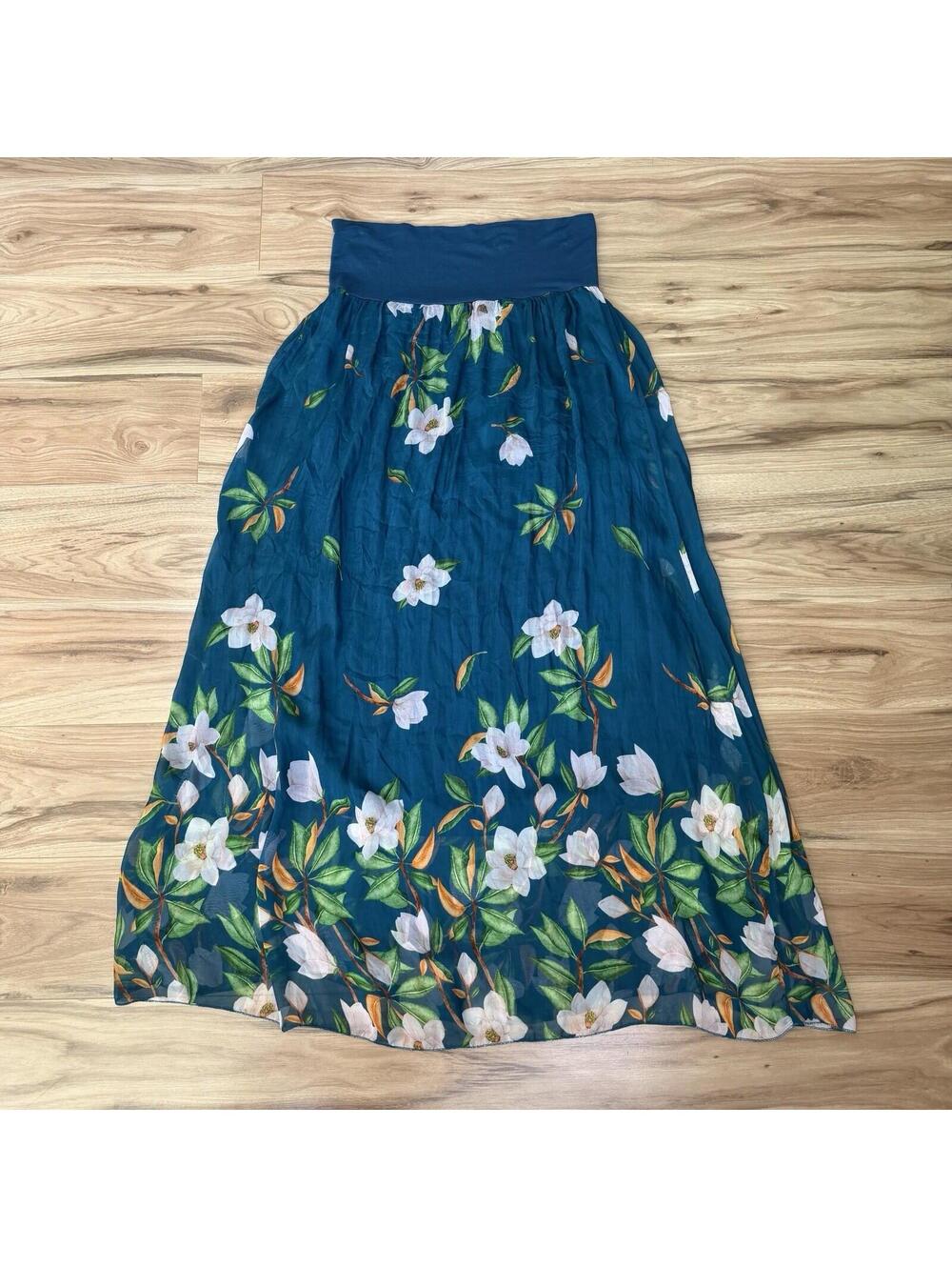 Elena Baldi Italy Teal Magnolia Floral Silk Blend Maxi Skirt L Cottagecore Boho